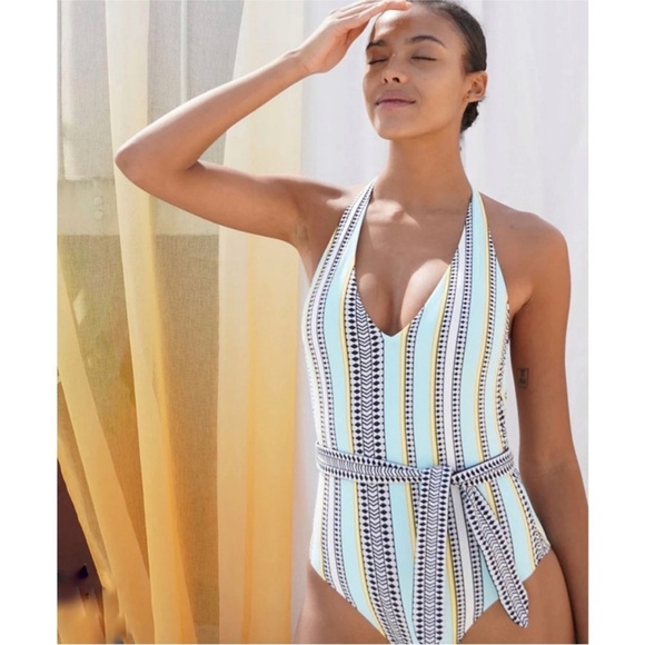 LemLem belted deep V-neck halter one piece swimsuit - Picture 1 of 5